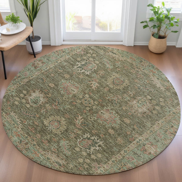 HomeRoots 5' Refresh Your Space with a Durable Olive Green and Rust Floral Washable Area Rug for Indoor/Outdoor Use 8' Round 631643