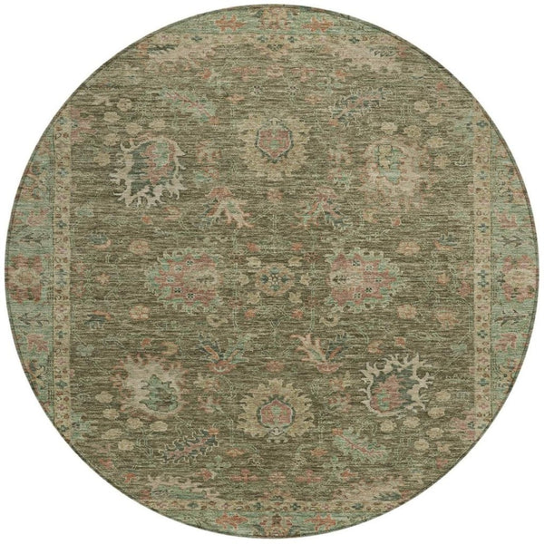 HomeRoots 5' Refresh Your Space with a Durable Olive Green and Rust Floral Washable Area Rug for Indoor/Outdoor Use 8' Round 631643