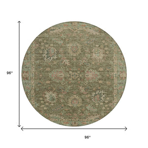 HomeRoots 5' Refresh Your Space with a Durable Olive Green and Rust Floral Washable Area Rug for Indoor/Outdoor Use 8' Round 631643