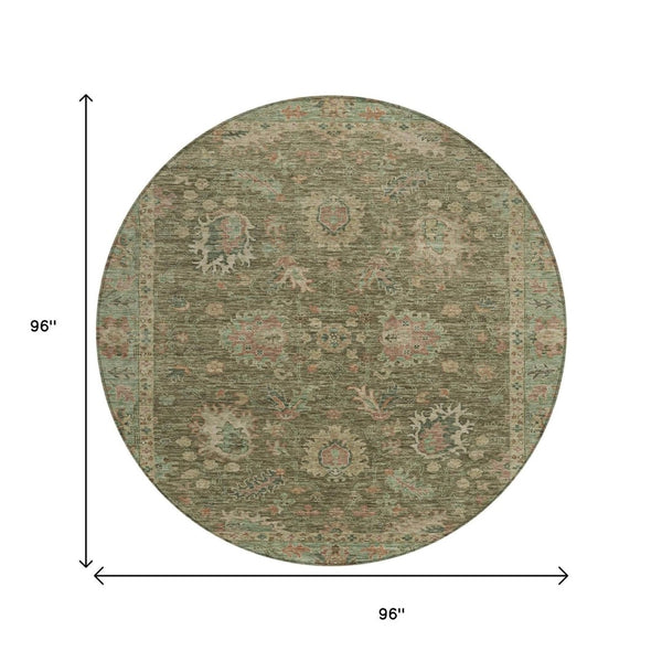 HomeRoots 5' Refresh Your Space with a Durable Olive Green and Rust Floral Washable Area Rug for Indoor/Outdoor Use 8' Round 631643