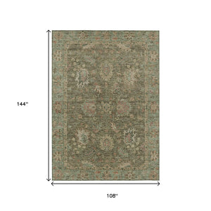 HomeRoots 5' Refresh Your Space with a Durable Olive Green and Rust Floral Washable Area Rug for Indoor/Outdoor Use 9' X 12' 631645
