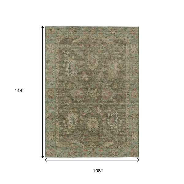 HomeRoots 5' Refresh Your Space with a Durable Olive Green and Rust Floral Washable Area Rug for Indoor/Outdoor Use 9' X 12' 631645