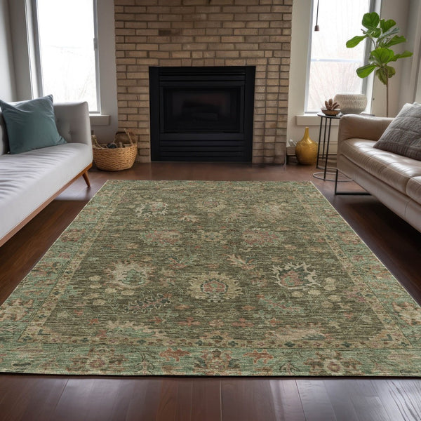 HomeRoots 5' Refresh Your Space with a Durable Olive Green and Rust Floral Washable Area Rug for Indoor/Outdoor Use 9' X 12' 631645