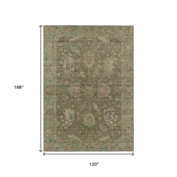 HomeRoots 5' Refresh Your Space with a Durable Olive Green and Rust Floral Washable Area Rug for Indoor/Outdoor Use 10' X 14' 631646
