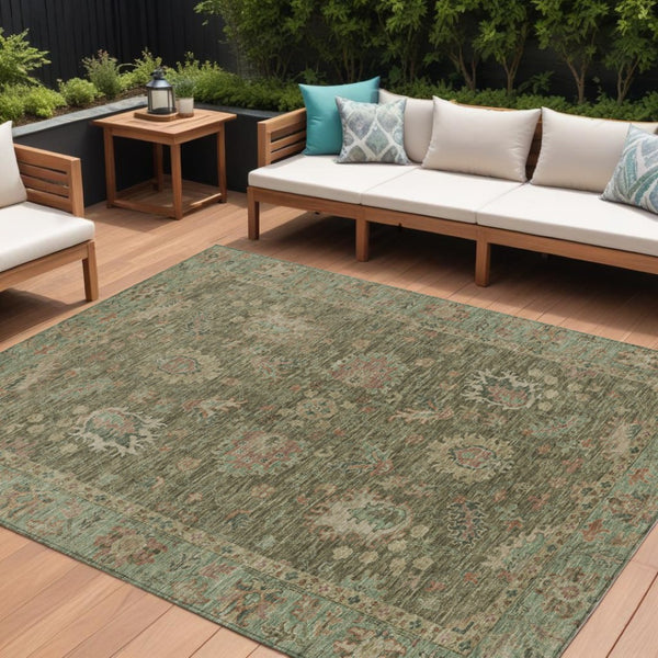 HomeRoots 5' Refresh Your Space with a Durable Olive Green and Rust Floral Washable Area Rug for Indoor/Outdoor Use 10' X 14' 631646