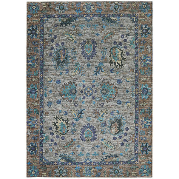 HomeRoots 5' Durable Pewter and Teal Blue Floral Indoor Outdoor Area Rug for Easy Care and Timeless Style 5' X 8' 631648
