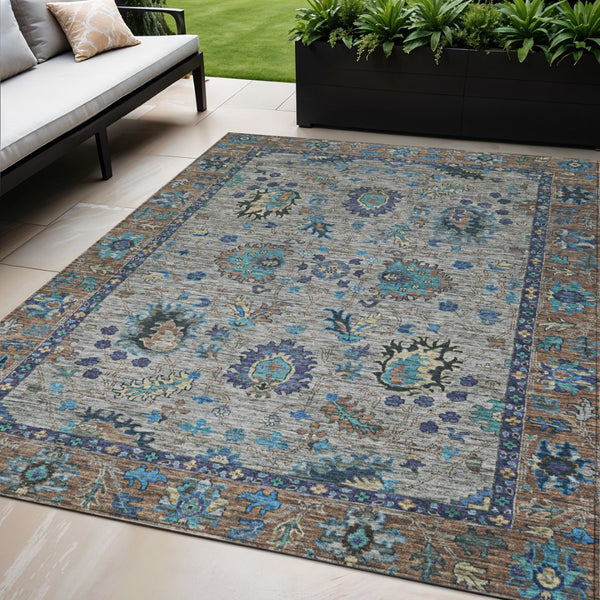 HomeRoots 5' Durable Pewter and Teal Blue Floral Indoor Outdoor Area Rug for Easy Care and Timeless Style 5' X 8' 631648