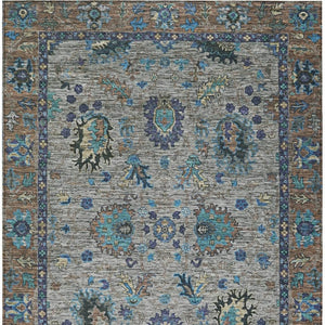 HomeRoots 5' Durable Pewter and Teal Blue Floral Indoor Outdoor Area Rug for Easy Care and Timeless Style 5' X 8' 631648