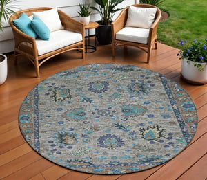 HomeRoots 5' Durable Pewter and Teal Blue Floral Indoor Outdoor Area Rug for Easy Care and Timeless Style 8' Round 631649