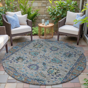 HomeRoots 5' Durable Pewter and Teal Blue Floral Indoor Outdoor Area Rug for Easy Care and Timeless Style 8' Round 631649