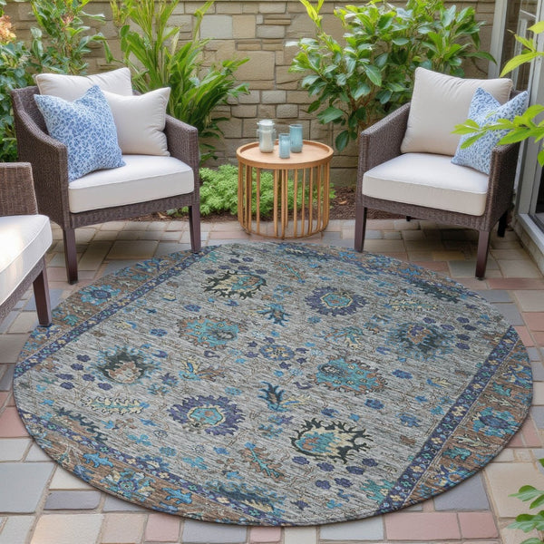 HomeRoots 5' Durable Pewter and Teal Blue Floral Indoor Outdoor Area Rug for Easy Care and Timeless Style 8' Round 631649