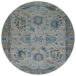 HomeRoots 5' Durable Pewter and Teal Blue Floral Indoor Outdoor Area Rug for Easy Care and Timeless Style 8' Round 631649