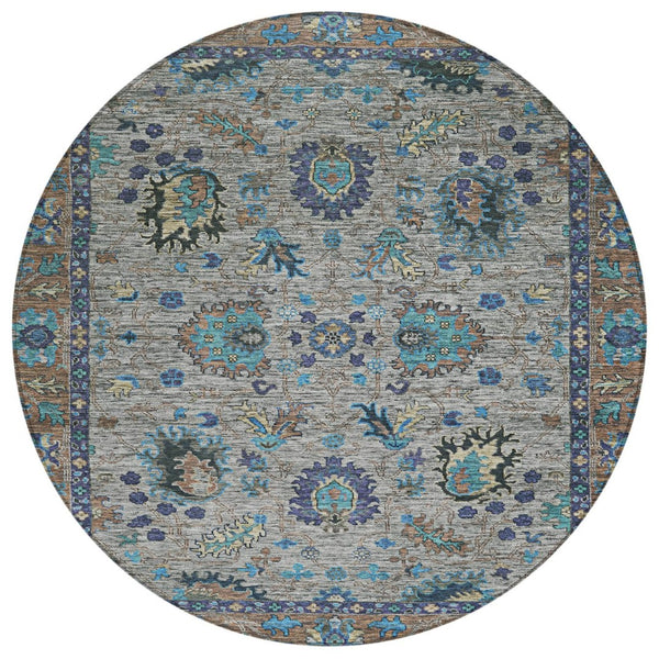 HomeRoots 5' Durable Pewter and Teal Blue Floral Indoor Outdoor Area Rug for Easy Care and Timeless Style 8' Round 631649