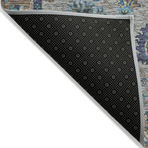 HomeRoots 5' Durable Pewter and Teal Blue Floral Indoor Outdoor Area Rug for Easy Care and Timeless Style 8' Round 631649