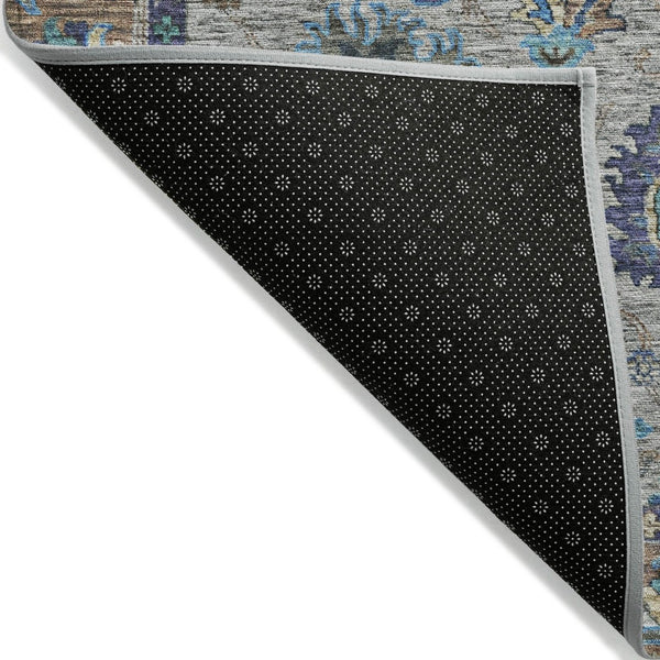 HomeRoots 5' Durable Pewter and Teal Blue Floral Indoor Outdoor Area Rug for Easy Care and Timeless Style 8' Round 631649
