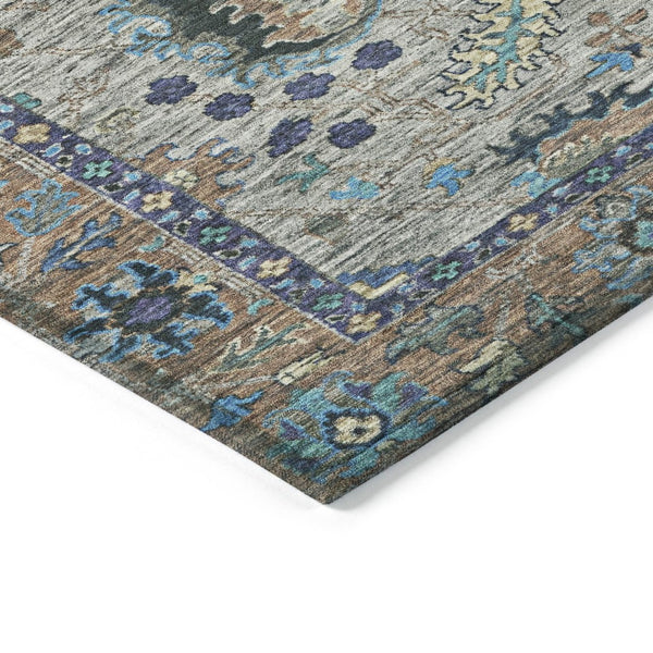 HomeRoots 5' Durable Pewter and Teal Blue Floral Indoor Outdoor Area Rug for Easy Care and Timeless Style 8' Round 631649