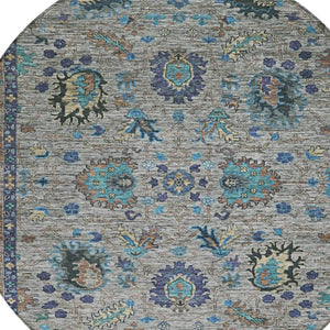 HomeRoots 5' Durable Pewter and Teal Blue Floral Indoor Outdoor Area Rug for Easy Care and Timeless Style 8' Round 631649