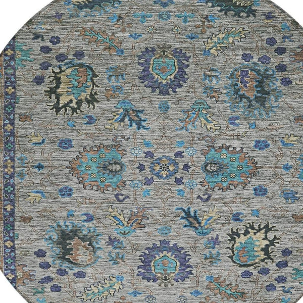 HomeRoots 5' Durable Pewter and Teal Blue Floral Indoor Outdoor Area Rug for Easy Care and Timeless Style 8' Round 631649