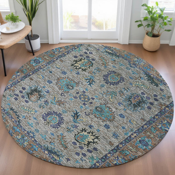 HomeRoots 5' Durable Pewter and Teal Blue Floral Indoor Outdoor Area Rug for Easy Care and Timeless Style 8' Round 631649