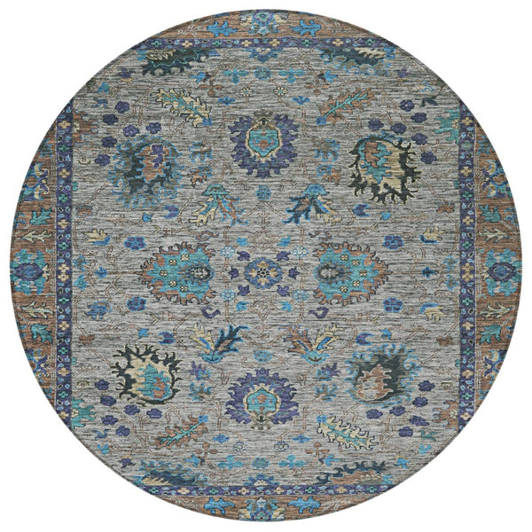 HomeRoots 5' Durable Pewter and Teal Blue Floral Indoor Outdoor Area Rug for Easy Care and Timeless Style 8' Round 631649