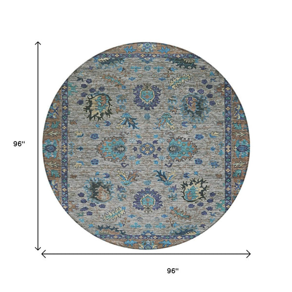 HomeRoots 5' Durable Pewter and Teal Blue Floral Indoor Outdoor Area Rug for Easy Care and Timeless Style 8' Round 631649
