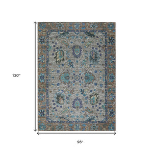 HomeRoots 5' Durable Pewter and Teal Blue Floral Indoor Outdoor Area Rug for Easy Care and Timeless Style 8' X 10' 631650