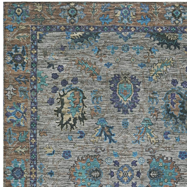 HomeRoots 5' Durable Pewter and Teal Blue Floral Indoor Outdoor Area Rug for Easy Care and Timeless Style 8' X 10' 631650