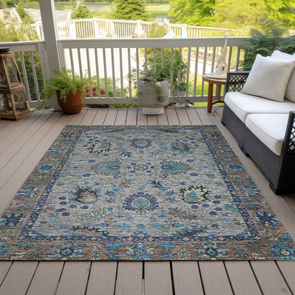 HomeRoots 5' Durable Pewter and Teal Blue Floral Indoor Outdoor Area Rug for Easy Care and Timeless Style 8' X 10' 631650