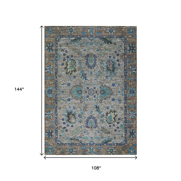 HomeRoots 5' Durable Pewter and Teal Blue Floral Indoor Outdoor Area Rug for Easy Care and Timeless Style 9' X 12' 631651