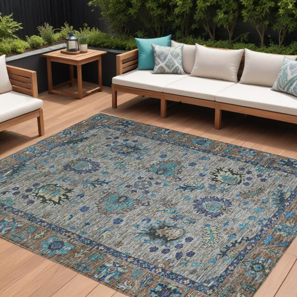 HomeRoots 5' Durable Pewter and Teal Blue Floral Indoor Outdoor Area Rug for Easy Care and Timeless Style 9' X 12' 631651