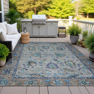 HomeRoots 5' Durable Pewter and Teal Blue Floral Indoor Outdoor Area Rug for Easy Care and Timeless Style 9' X 12' 631651