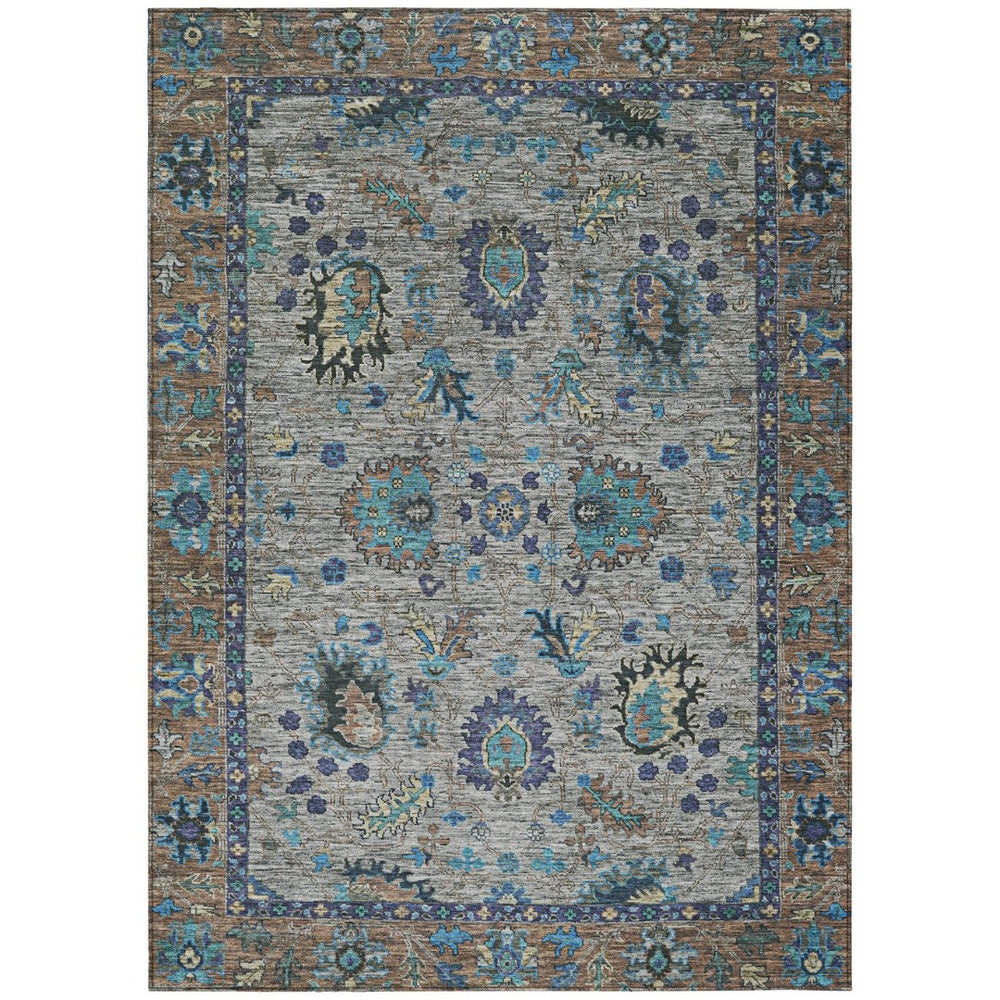 HomeRoots 5' Durable Pewter and Teal Blue Floral Indoor Outdoor Area Rug for Easy Care and Timeless Style 9' X 12' 631651