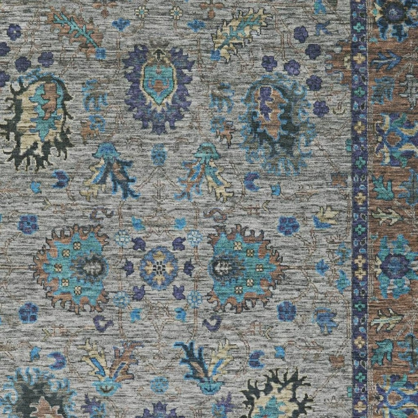 HomeRoots 5' Durable Pewter and Teal Blue Floral Indoor Outdoor Area Rug for Easy Care and Timeless Style 9' X 12' 631651