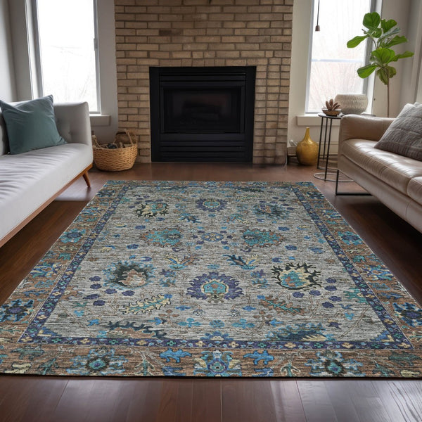 HomeRoots 5' Durable Pewter and Teal Blue Floral Indoor Outdoor Area Rug for Easy Care and Timeless Style 9' X 12' 631651