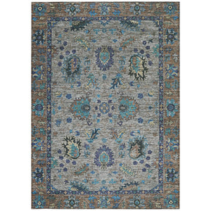 HomeRoots 5' Durable Pewter and Teal Blue Floral Indoor Outdoor Area Rug for Easy Care and Timeless Style 10' X 14' 631652