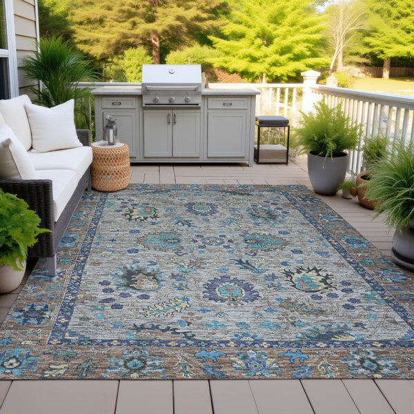 HomeRoots 5' Durable Pewter and Teal Blue Floral Indoor Outdoor Area Rug for Easy Care and Timeless Style 10' X 14' 631652