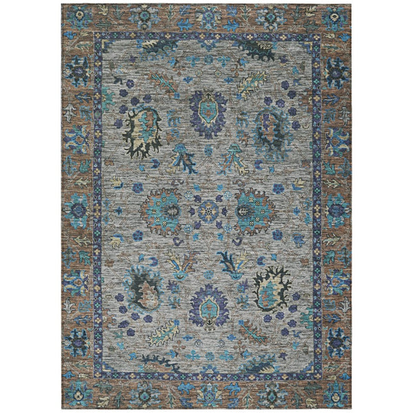 HomeRoots 5' Durable Pewter and Teal Blue Floral Indoor Outdoor Area Rug for Easy Care and Timeless Style 10' X 14' 631652