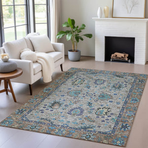 HomeRoots 5' Durable Pewter and Teal Blue Floral Indoor Outdoor Area Rug for Easy Care and Timeless Style 10' X 14' 631652