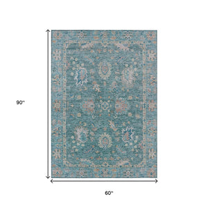 HomeRoots 5' Teal Blue and Beige Floral Area Rug - Washable, Stain-Resistant for Indoor & Outdoor Use 5' X 8' 631654