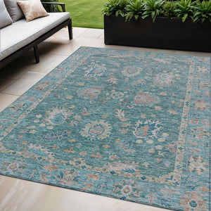 HomeRoots 5' Teal Blue and Beige Floral Area Rug - Washable, Stain-Resistant for Indoor & Outdoor Use 5' X 8' 631654