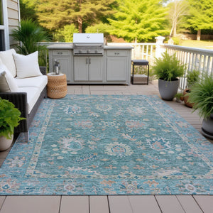 HomeRoots 5' Teal Blue and Beige Floral Area Rug - Washable, Stain-Resistant for Indoor & Outdoor Use 5' X 8' 631654