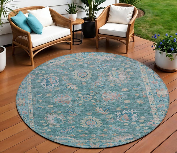 HomeRoots 5' Teal Blue and Beige Floral Area Rug - Washable, Stain-Resistant for Indoor & Outdoor Use 8' Round 631655