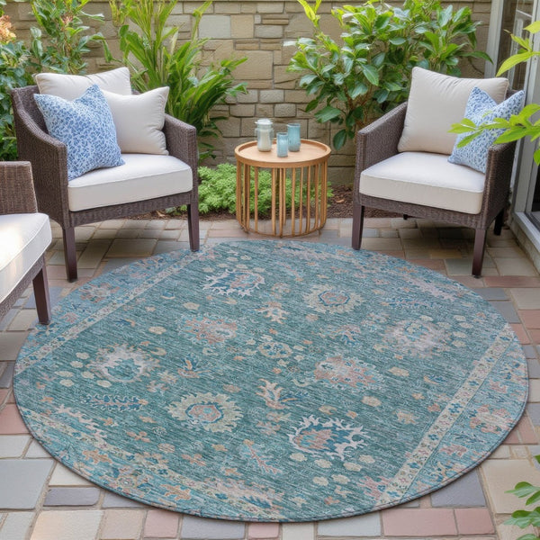 HomeRoots 5' Teal Blue and Beige Floral Area Rug - Washable, Stain-Resistant for Indoor & Outdoor Use 8' Round 631655