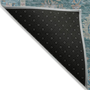 HomeRoots 5' Teal Blue and Beige Floral Area Rug - Washable, Stain-Resistant for Indoor & Outdoor Use 8' Round 631655