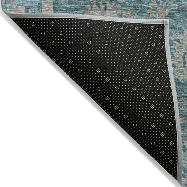 HomeRoots 5' Teal Blue and Beige Floral Area Rug - Washable, Stain-Resistant for Indoor & Outdoor Use 8' Round 631655