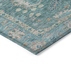 HomeRoots 5' Teal Blue and Beige Floral Area Rug - Washable, Stain-Resistant for Indoor & Outdoor Use 8' Round 631655