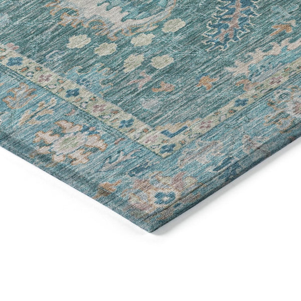 HomeRoots 5' Teal Blue and Beige Floral Area Rug - Washable, Stain-Resistant for Indoor & Outdoor Use 8' Round 631655