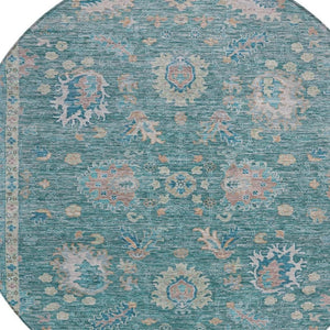 HomeRoots 5' Teal Blue and Beige Floral Area Rug - Washable, Stain-Resistant for Indoor & Outdoor Use 8' Round 631655