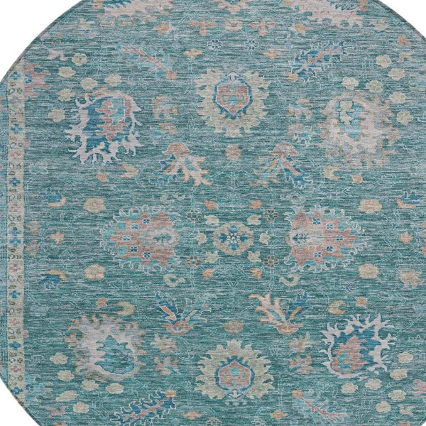 HomeRoots 5' Teal Blue and Beige Floral Area Rug - Washable, Stain-Resistant for Indoor & Outdoor Use 8' Round 631655