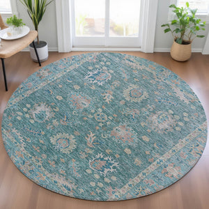 HomeRoots 5' Teal Blue and Beige Floral Area Rug - Washable, Stain-Resistant for Indoor & Outdoor Use 8' Round 631655